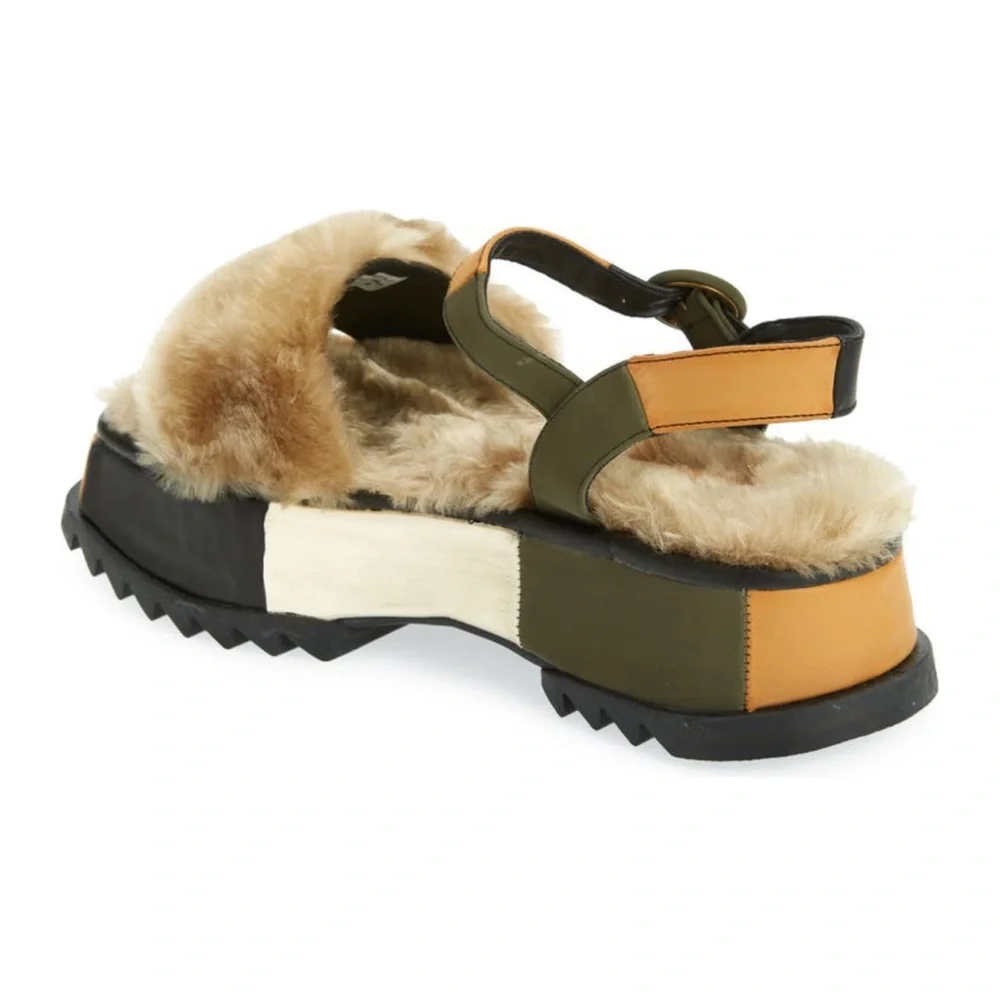 Farm Rio Khaki Patchwork Faux Fur Platform Sandal - Picture 6 of 12